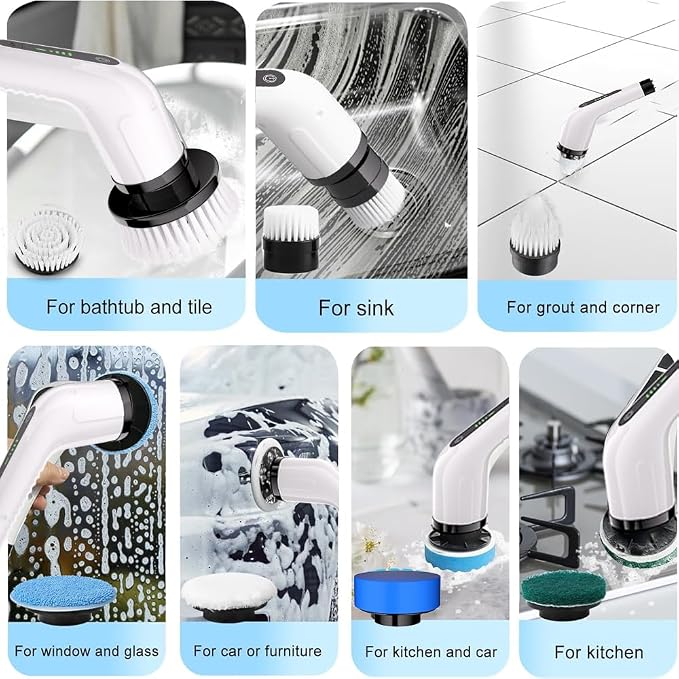 Electric Spin Scrubber, Full Body Waterproof Cordless Cleaning Brush with 7 Replaceable Brush Heads Power Scrubber Shower Adjustable & Detachable Handle for Bathroom, Tub, Tile, Floor, Car