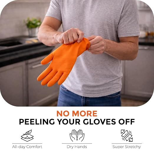 LADWA 2 Pairs Non-Slip Household Cleaning Reusable Dishwashing Gloves for Kitchen Washing Dishes Bathroom Gardening & Home Tasks Flexible Long-lasting Waterproof Gloves Perfect for Woman Men (Orange)