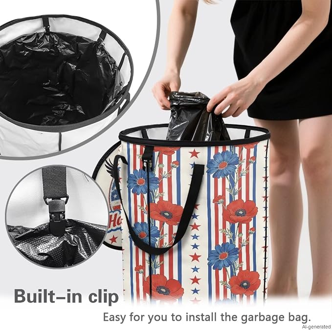 American Eagle Collapsible Trash Can for Outdoor – Heavy Duty Foldable Garbage Bin with Lid, 24 Gallon Waterproof Trash Bag Holder for Camping, RV Travel, Tailgating, Patriotic Decor