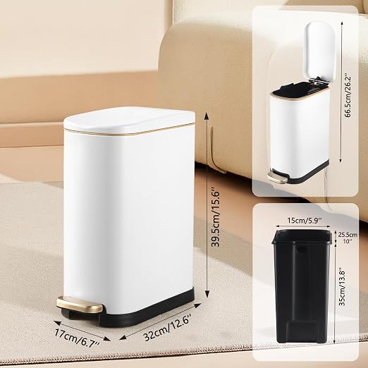 SYNCVIBE Bathroom Trash Can with Soft Close Lid 3.5 Gallon Matte White | Stainless Steel Garbage Can with Removable Inner Bucket Slim Trash Bins with Step Pedal for Bedroom, Office