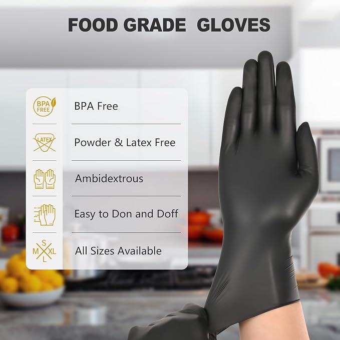 Black Vinyl Gloves, Food Grade Gloves Disposable Latex Free | Powder Free Guantes for Cleaning, Cooking, Food Prep