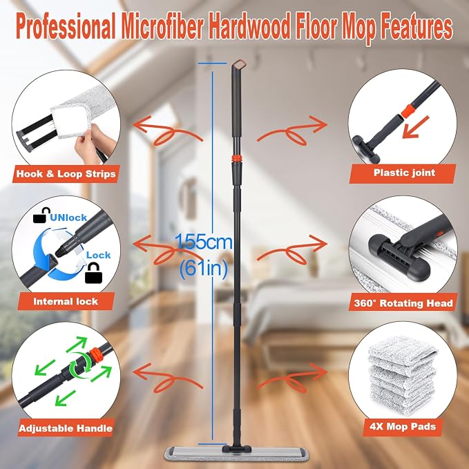 24" Flat Mop for Cleaning Floors,Easy Wringing&Deep Cleaning with 4 Pads | Heavy-Duty Microfiber Mop,Includes 4 Reusable Mop Cloths and Adjustable Long Handle,Wet/Dry Use,Suitable for Hard Floors