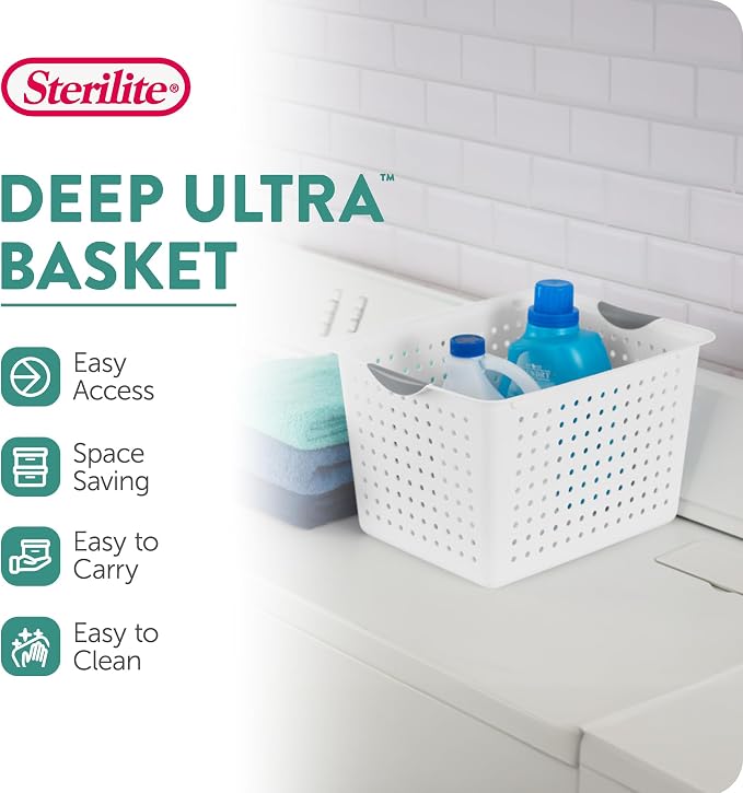 Sterilite Deep Ultra Basket, Open Top Plastic Storage Organizer, 18-Pack | Large Open Containers and Bins for Pantry Shelves, Kitchen Cabinets, Laundry, Closets, Dorm Rooms, Classrooms & Bathrooms