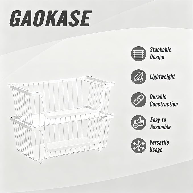 4 Pcs Stackable Wire Baskets for Pantry Organizers and Storage, | Vegetable Fruit Basket for Countertop,Kitchen Storage Metal Baskets,Produce Potato Onion Storage Bin,White