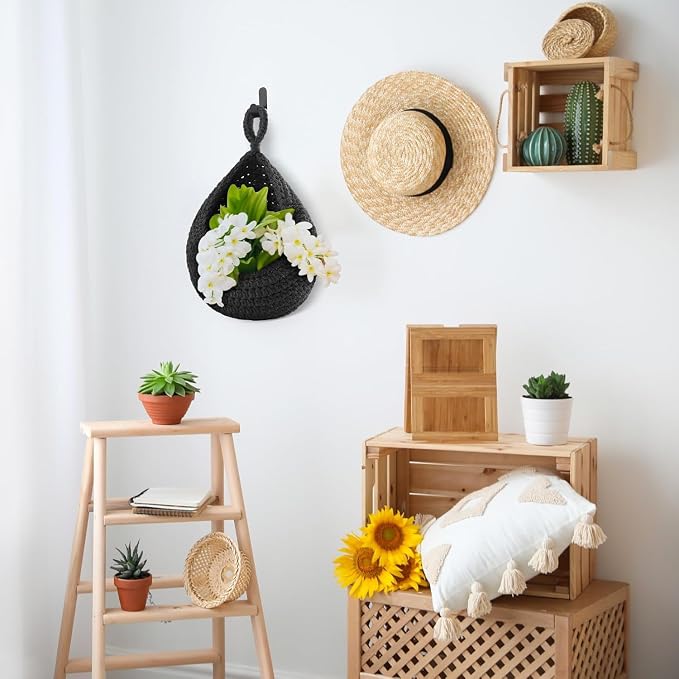 3 Hanging Baskets,Black,Teardrop,Cotton Rope | Wicker Wall Baskets with Hooks for Fruit Vegetable Onion Storage, Teardrop Organizer for Kitchen, Boho Farmhouse Decor