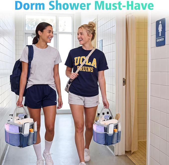 EUDELE Mesh Shower Caddy Portable for College Dorm Room Essentials,Portable Shower Caddy Dorm with 9-Pocket Large Capacity, Shower Bag for Beach, Swimming, Gym, Travel essentials, Navy Blue-Grey