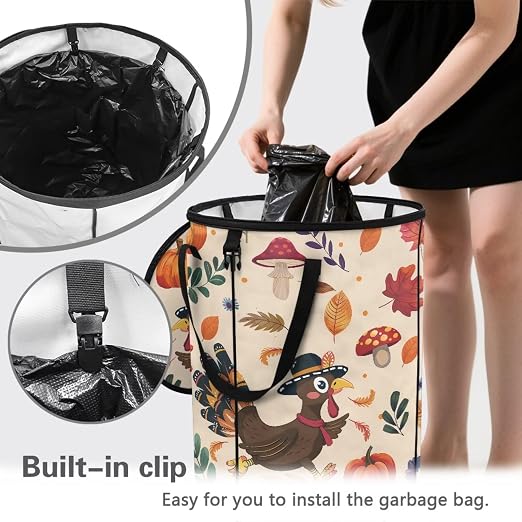 doginthehole Fall Leaves Pumpkin Turkey Outdoor Trash Can Storage Collapsible Pop-up Recycle Trash Can 22.83x17.71 Waterproof Garbage Bin Bag with Lid, Thanksgiving Day Party Supplies Fall Decor