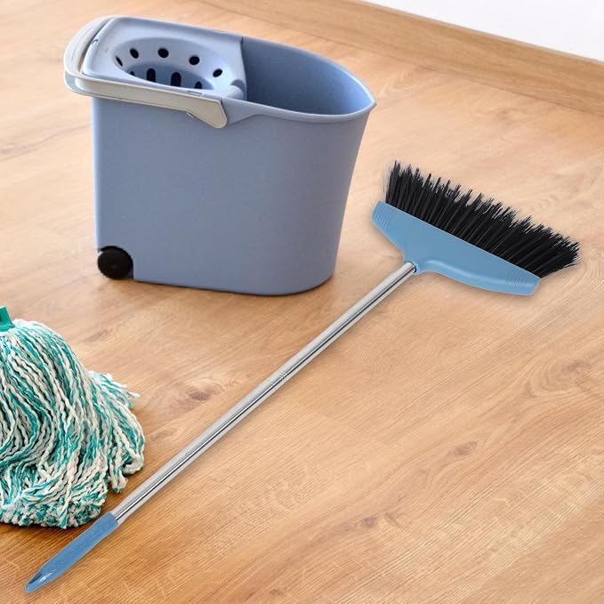Amosfun Soft Bristle Broom with Long Metal Handle, Hair-Resistant Floor Sweeping Brush for Household Cleaning, Blue Lightweight Indoor and Outdoor Broom for Pet Hair and Dust Removal