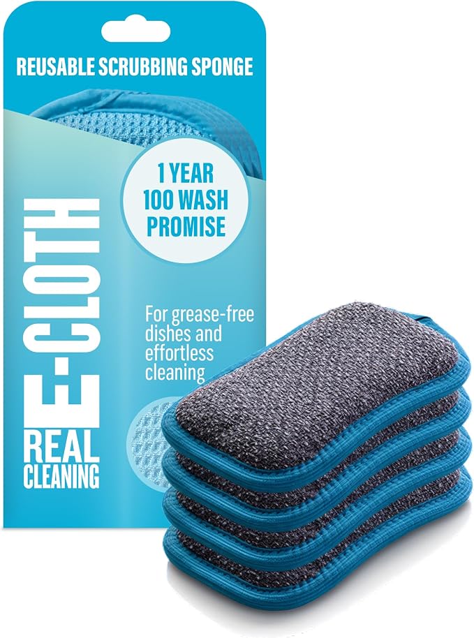 E-Cloth Washing Up Scrub Pad, Sponge for Cleaning - 4 Pack | Reusable & Durable Kitchen Sponge for Dishes & Sink, Non Scratch, Multi Purpose Scrubber, Machine Washable