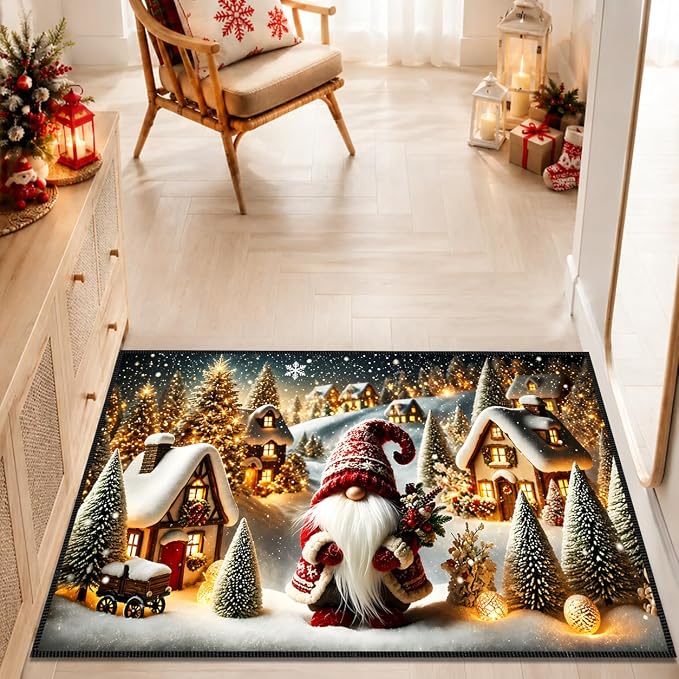Christmas Gnome Area Rug 15.7x23.6 Inch, Faux Cashmere Non Slip Floor Mat, Snowy Village Holiday Rug for Entryway Bedroom Kitchen (Snowfield Gnomes, 15.7x23.6inch)