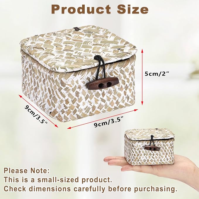 Hipiwe Handwoen Seagrass Basket with Lid Mini Woven Wicker Box,3.5"x3.5"x2" | Decorative Shelf Basket for Bathroom Home Office Organizer, Key Basket Holder for Entryway Table, Whitewash