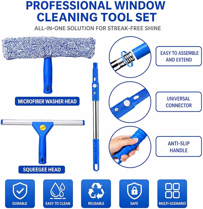 76“Professional Squeegee Window Cleaning Kit with Extension Pole | Streak-Free Silicone Blade,Smooth,Quiet Glide,Telescopic Handle for High & Hard-to-Reach Windows