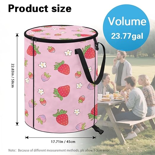 BIGCARJOB Strawberry Recycle Trash Can Storage Outdoor Portable Trash Can Large Pop-Up Waste Bin Bag for Camping Beach Travel, 22.83x17.71 in