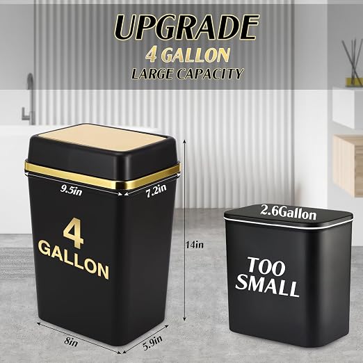 Bathroom Trash Can with Lid 4 Gallon Trash Can with Swing Lid Small Garbage Can Black Bathroom Trash Can with 150 Counts Trash Bags for Kitchen Bedroom Office Dorm