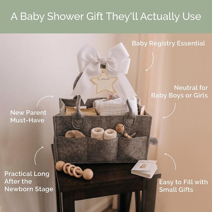 Parker Baby Co. Felt Diaper Caddy Organizer - Large, Charcoal | Portable nursery storage bin sorts diapers, wipes, bottles & baby essentials in home/car. Soft felt, foldable design 16x10x7"