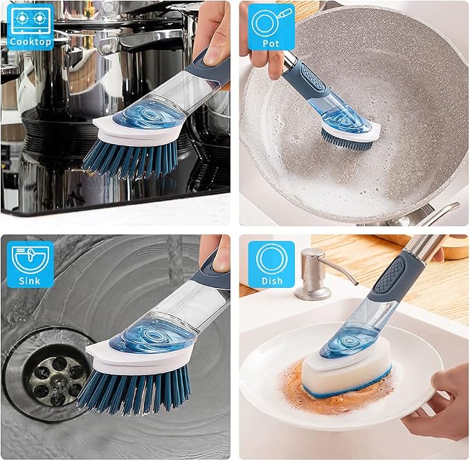 Dish Cleaning Brush, Soap Dispensing Dish Brush Set with 4 Replacement Heads and Storage Holder, Kitchen Scrub Brush for Dish Pot Pan Sink Cleaning (Blue) | Dish Brush with 4 Replacement Heads and Storage Holder, Kitchen Scrub Brush for Dish Pot Pan Si...