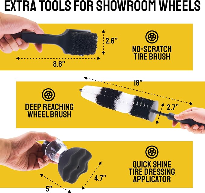 Car Detailing Brush Set 9-pc, Car Detailing Kit Interior by Detail Dudes | Boar Hair Car Detailing Supplies - Interior Soft Bristle Cleaning Brushes - Wheel Brush, Tire Brush, Tire Dressing Applicator