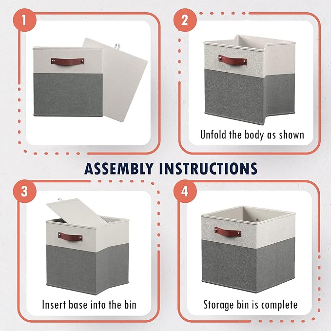 Ornavo Home 13x13 Foldable Fabric Storage Cube Bins, 6 Pack, White/Gray | Collapsible Linen Shelf Basket Organizer; Leather Handles; Ideal Cube Storage For Closet