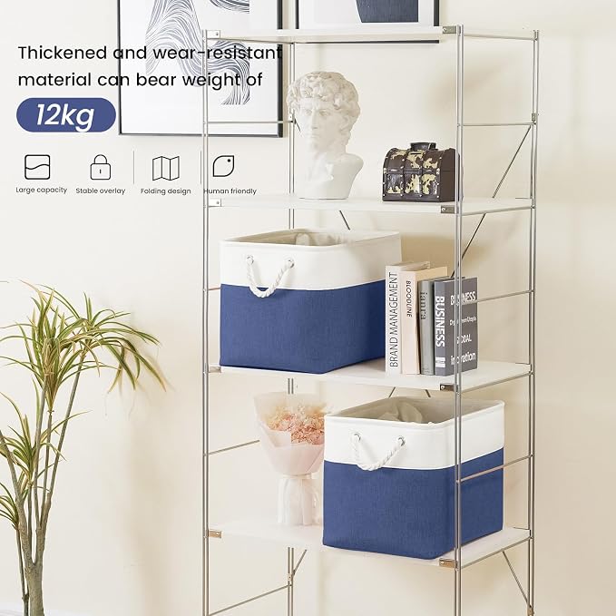 16x12x12 In Foldable Fabric Large Storage Bins with Handle 3 Pack | Storage Basket with Draw String Top, Sturdy Metal Strand, Cardboard Support Molding, for Shelf, Closet, Bedroom, White/Blue