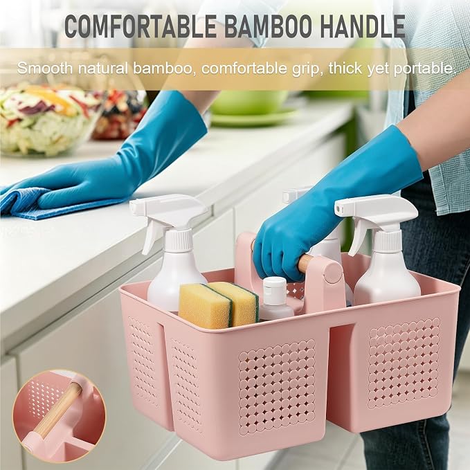 Portable Shower Caddy Basket Plastic Caddy Organizer with Handle Pink | Sturdy Drainage Large Capacity Cleaning Supplies Caddy Tool Storage for Bathroom Kitchen Bedroom College Dorm Essentials