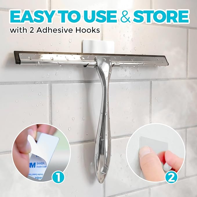 2pcs Shower Squeegee for Glass Doors with Adhesive Hanging Hook Set | 12” Silver, Bathroom Accessories, Window Cleaner, New Home Essentials, Soft Rubber Blade, Metal Handle, Ergonomic Grip
