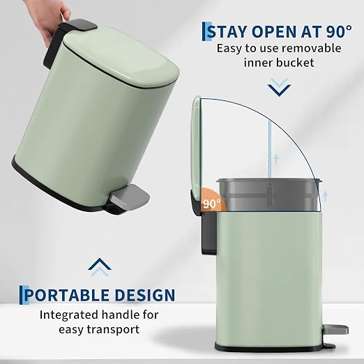 Garvee Bathroom Trash Can with Lid, 1.6 Gallon Small Garbage Can, Green | Step Pedal, Soft-close Lid, Rear Handle, Removable Plastic Inner Liner with Trash Bag Retainer Ring, for Kitchen, Office