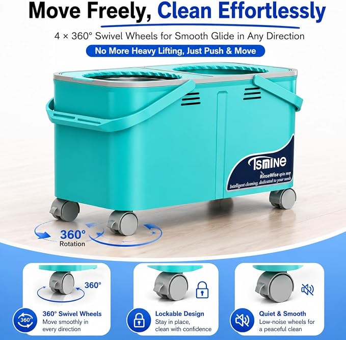 RinseWise Easy-Use Gen 2 Mop Bucket, Clean/Dirty Water Separation, 1 Heads | 1.5 Gal Clean-Water Capacity, Shower-Style Rinse, 4 Swivel Wheels, 61-Inch Handle, For Apartments, Hardwood & Tile Floors