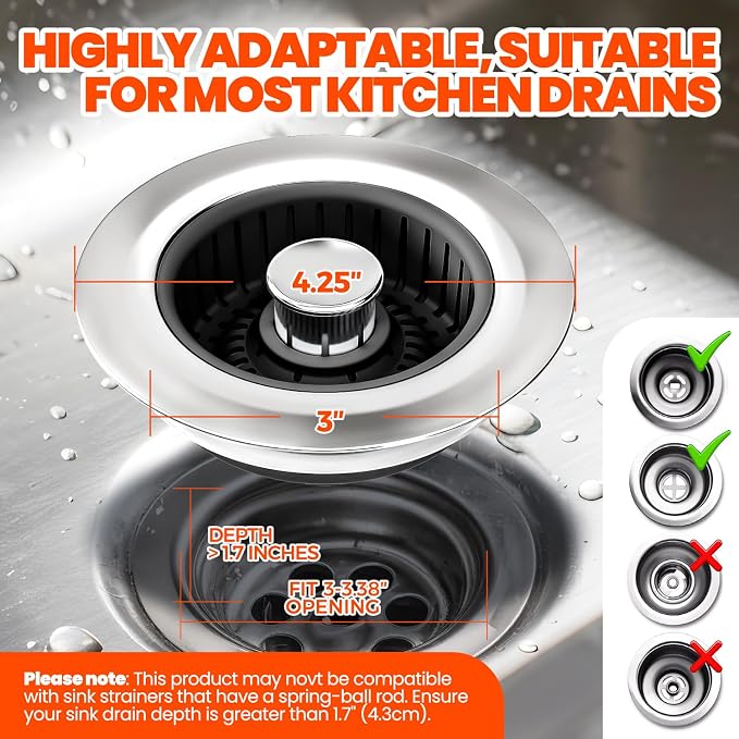 3 in 1 Kitchen Sink Drain Strainer Stopper Basket Pop Up Black | Kitchen Sink Accessories Strainer Basket 2 Pack Stainless Steel Anti-Clog Catcher, Odor-Blocking Seal Fits 3.5" Drain