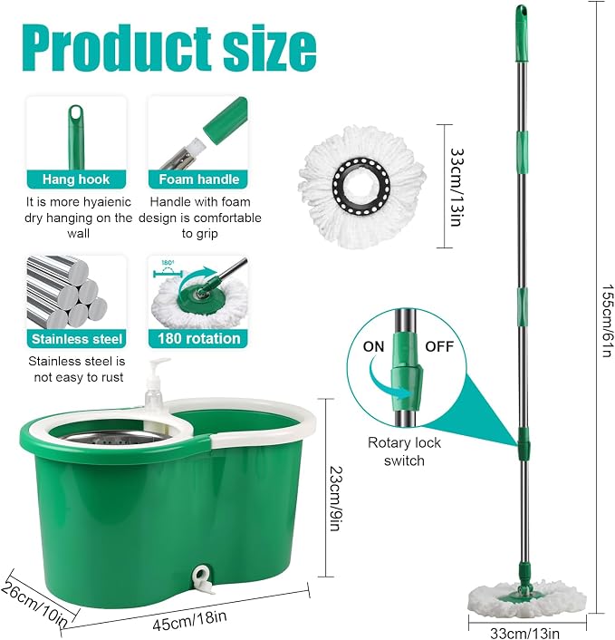 Spin Mop and Bucket with Wringer Set, 3 Microfiber Mop Heads, 61" Handle | 360° Spinning Mop System with Stainless Steel Adjustable Handle & 3 Microfiber Replacement Heads for Floor Cleaning