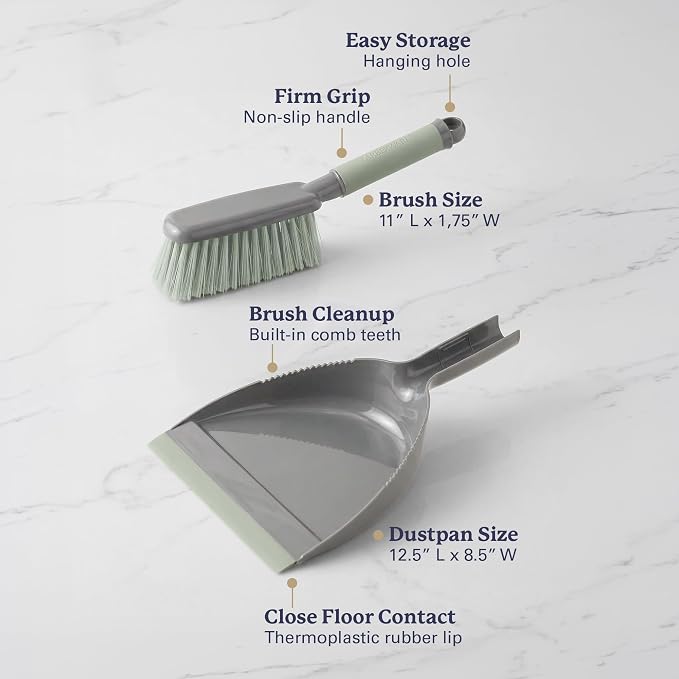 Farberware Dust Pan and Brush Set, 2-Piece, Handheld | Rubber lip traps debris, soft grip handle, flexible bristles, compact, lightweight, for kitchen crumbs and cat litter