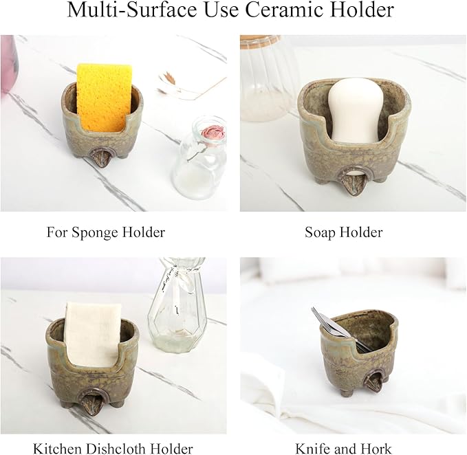 Sponge Holder for Kitchen Sink, Ceramic Sink Caddy Organizer | Self draining sponge Dish for scouring pad, soap, brushes. Rustic farmhouse kitchen sink storage keeps counter dry. Avocado