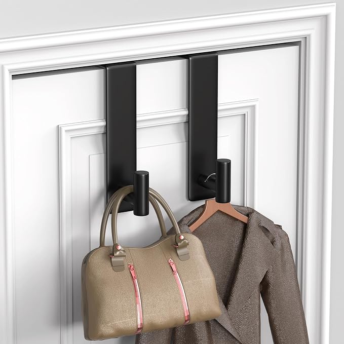 PMMASTO 7.5 Inch Over The Door Hooks, Black- 2 Pack, T Shape | Stainless Steel Door Hooks Organize Coats Towels Robes in Bathrooms Bedrooms Closets
