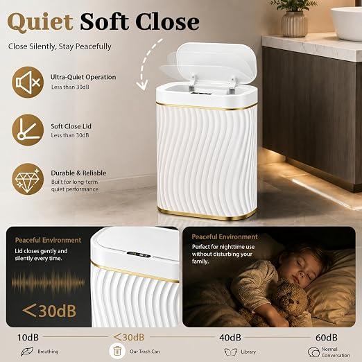 5 Gallon Automatic Bathroom Trash Can with Touchless Lid, White Gold | Motion Sensor Trash Can with Slim Waterproof Body; Small Plastic Garbage Can, hands-free lid for Bedroom, office, and kitchen
