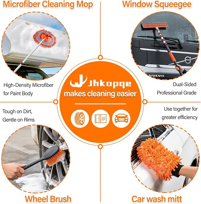18 FT Reach Car Wash Brush with Long Handle, Car Cleaning Kit | with 3-12FT Extension Pole, Soft Bristle Brush, Chenille Cleaning Mop & Mitt, Window Squeegee, Wheel Brush for RV, Truck