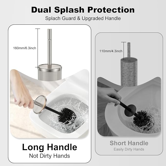 Metal Vertical Grain Toilet Bowl Brush and Holder Set Scrubber Nickel | Extra Long Handle with Splash Guard Cover, Bathroom Space-Saving, Heavy Durable Deep Cleaning, Cleaner Sets for Apartments