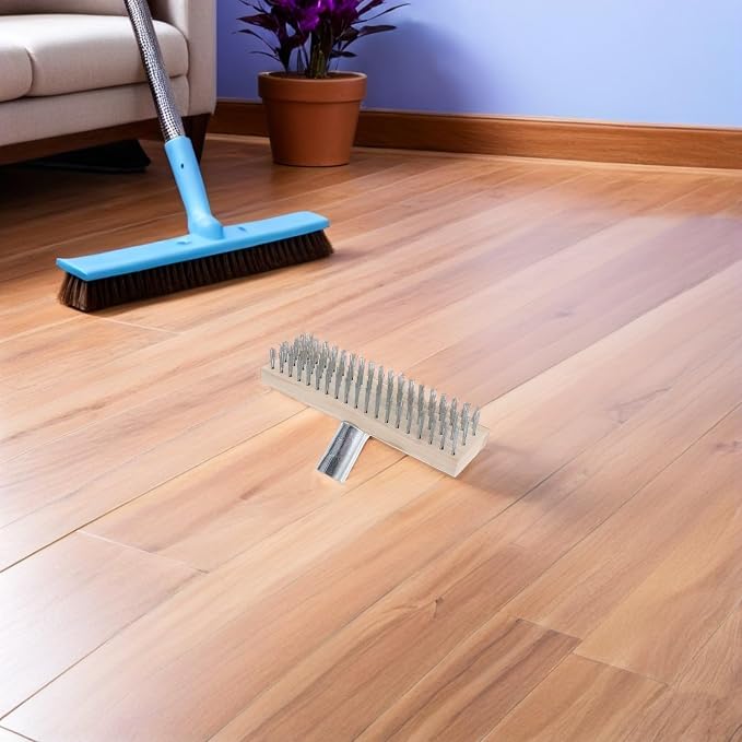 Hemobllo 2pcs Stainless Steel Deck Brush with Wood Handle Heavy Duty Steel Wire Floor Brush for Versatile Deck Cleaning and Anti-Slip Moss Removal Patios and Garages