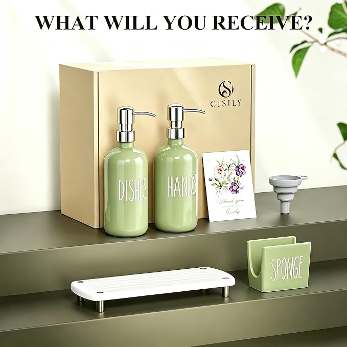 Cisily Olive Green Kitchen Soap Dispenser Set with Ceramics Sponge Holder | Stainless Steel Silver Pumps, and Instant Dry Tray, Hand and Dish Soap Dispenser Set, Kitchen Sink Olive Green Decor