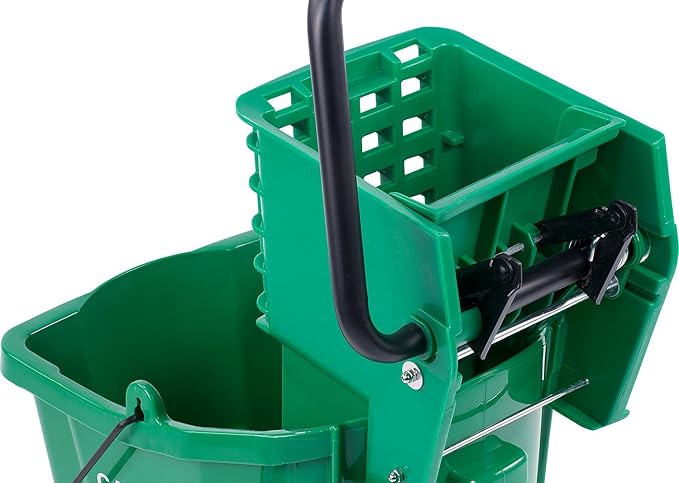 Carlisle FoodService Products 26 Qt Mop Bucket with Side Wringer, Green | 18.5 x 16.5 x 16.5 in, 34.25-in Handle, Polypropylene, 50,000-Cycle Wringer, Non-Marking Casters, Assembly Required