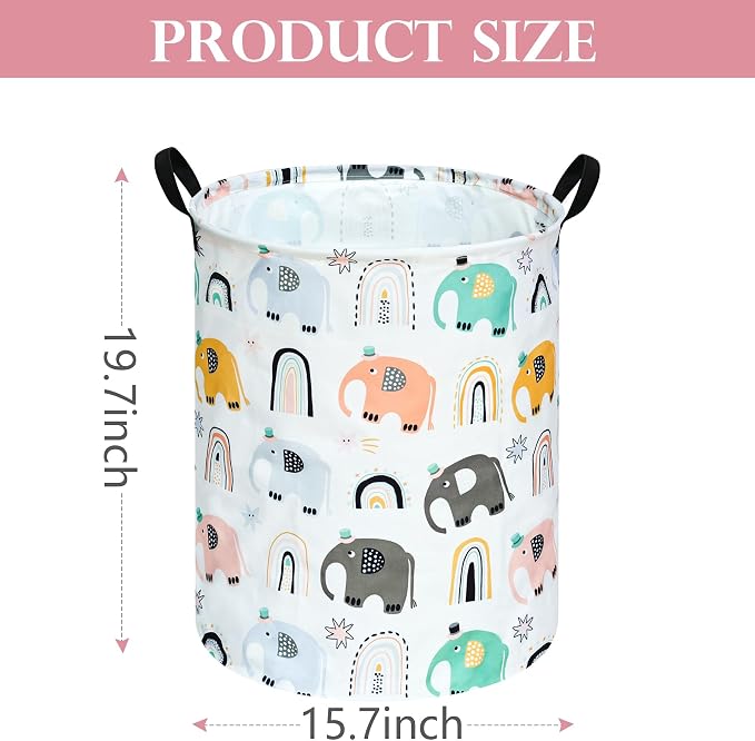 Round Rainbow elephant Pattern Laundry Hamper Clothes Storage Basket Fabric Storage Hamper Organization Storage Bin, Nursery Box,Gift Basket with Handles