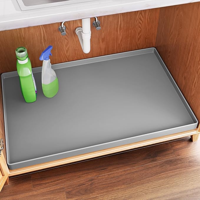 FLATO Waterproof Under Sink Mat, 34" x 22", Light Gray | Shelf Liner for Kitchen and Bathroom, Cabinet Protector, Organizers and Storage, Flexible Silicone Drip Tray