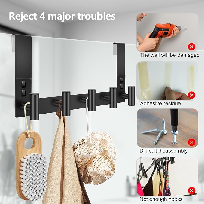 PMMASTO 7.5 Inch Hanger for 3/8 Inch Glass, Black- 5 Hooks, T Shape | Stainless Steel Hooks Organize Towels And Robes on Frameless Glass Shower Doors in Bathrooms