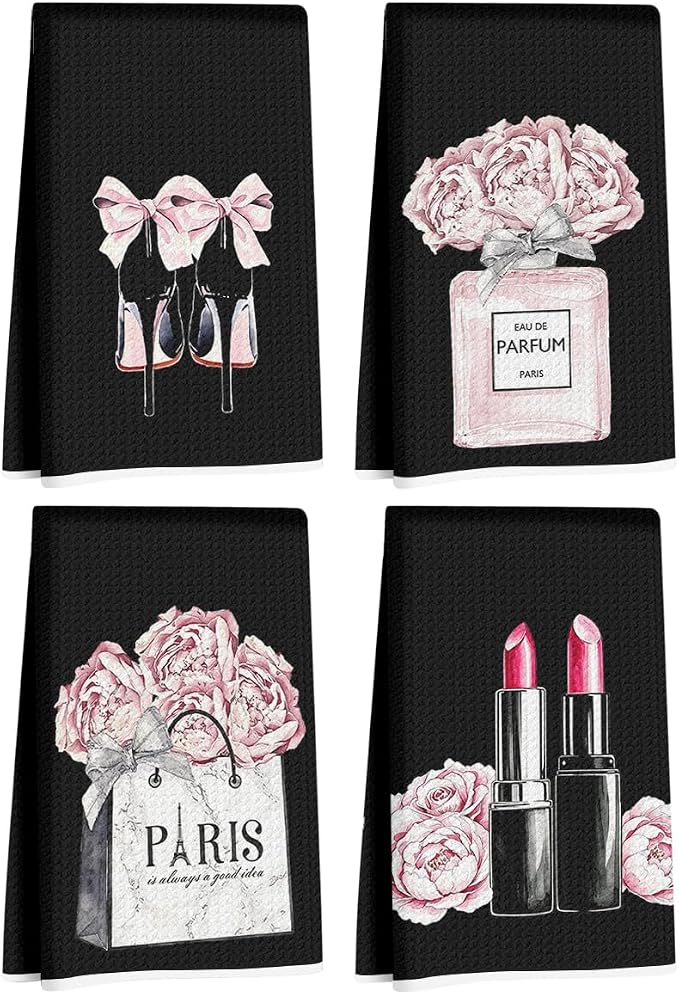 4 Pcs Black Fashion Hand Towels, Perfume Bow Decor Reusable Dish Towels | Fashion Gifts for Women Mom Girls Friend, Waffle Weave Microfiber Towels for Bathroom Home Decor 24x14 Inch
