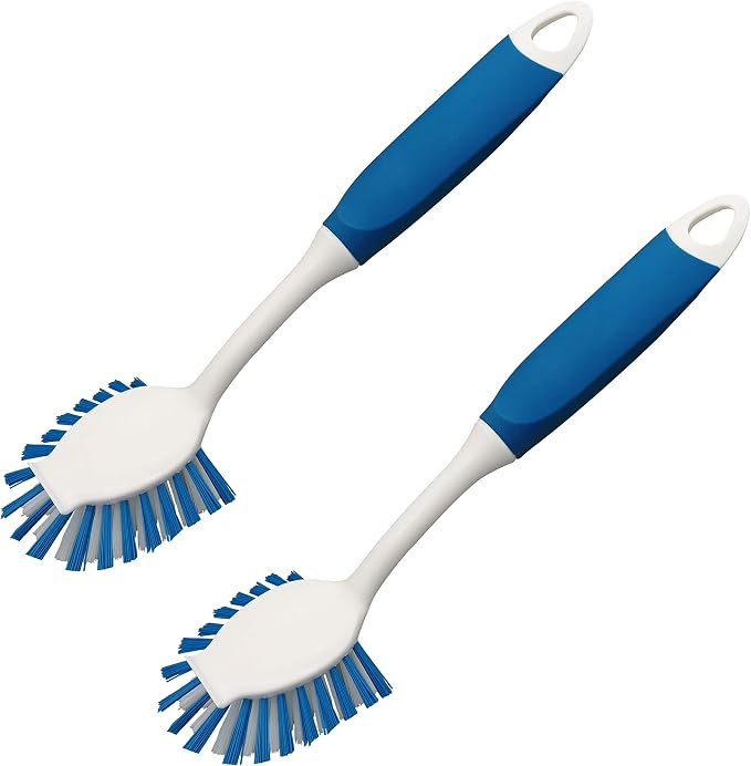 2-Pack Dish Brushes with Scraper, Durable Nylon Bristles Kitchen Scrub Brush, Dish Scrubber with Handle for Pans, Sink, Bathroom | Durable Bristles, Kitchen Scrub Brush, Dish Scrubber with Handle for Pans, Sink, Glasses