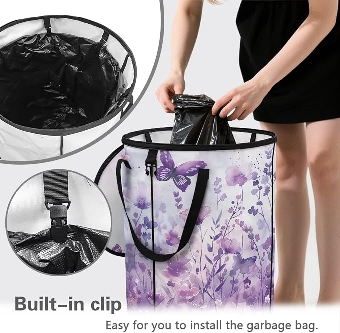 Butterfly Flower Collapsible Recycling Bin 24Gal - Compost Waste Container w/Sorting Clips & Lid | Waterproof Pop-Up Design for Lawn, Camping, Yard Waste Gifts for Outdoor Workers