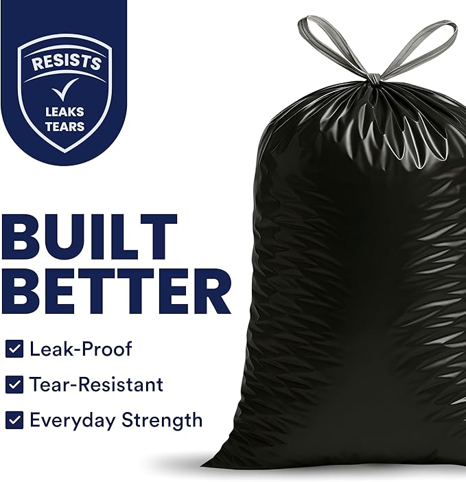 Plasticplace 13 gallon Extra Tall Drawstring Kitchen Trash Bags | Black 1.2 Mil, 24"W x 31"H (200Count)