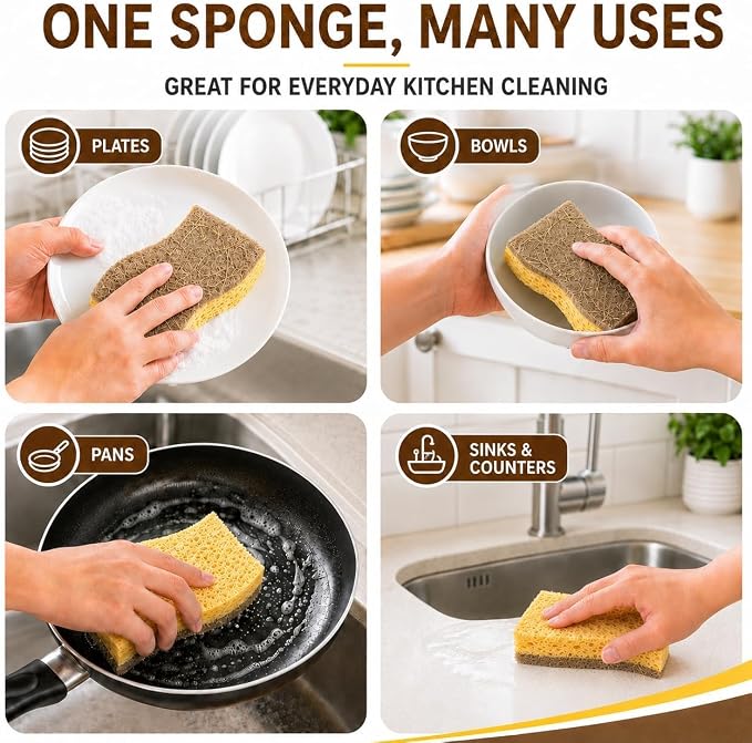12 PCS Natural Sponges Kitchen, Dish Sponges with Coconut Scrub | Natural cellulose & Coconut fiber scrubber, Non-scratch cleaning, Rich suds fast, Flexible kitchen sponge, Easy Grip Shape