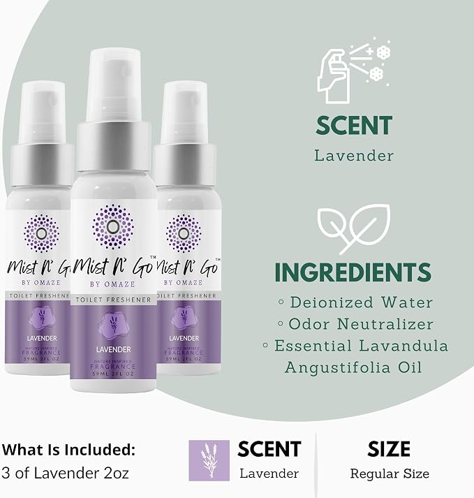 Mist N’ Go by Omaze Travel Bathroom Spray for Toilet Spray Odor Eliminator - Travel Toilet Spray for Bathroom Air Freshener Spray for Bathroom Deodorizer - Lavender Regular Size (2oz x3)