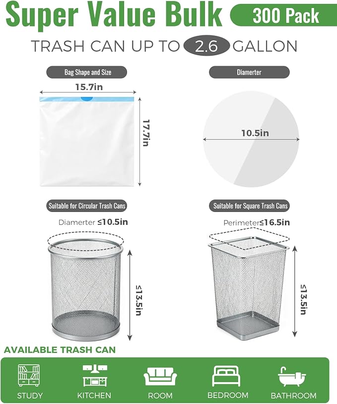 Charmount Trash Bags 2.6 Gallon, 300 Count Drawstring Garbage Bags | Office, Kitchen Trash Can Mini Trash Bags for Wastebasket Bin Liner, Unscented, Bathroom Accessories, Dorm Room Essentials