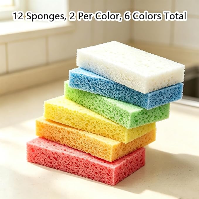 12 Pack Compressed Kitchen Sponges, Household Cleaning Sponge Expands in Water, Multi Purpose Cleaning Sponge for Dishwashing Sink Countertop and Daily Home Cleaning
