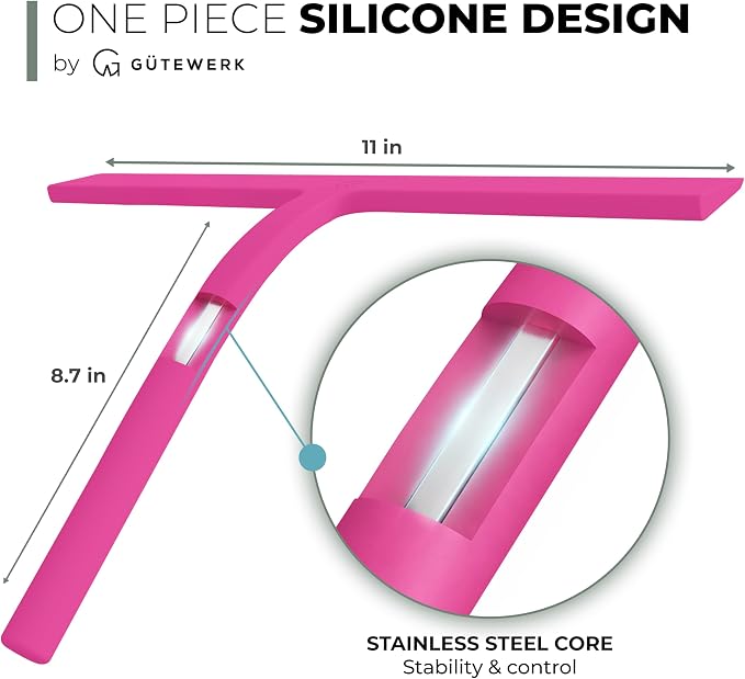 Silicone Shower Squeegee with 3-in-1 No-Drill Mount, Pink, 11'' | Squeegee for Glass Doors & Mirrors with Stainless Steel Core, Streak-Free & No-Squeak Window Cleaning, Hook/Suction/Adhesive